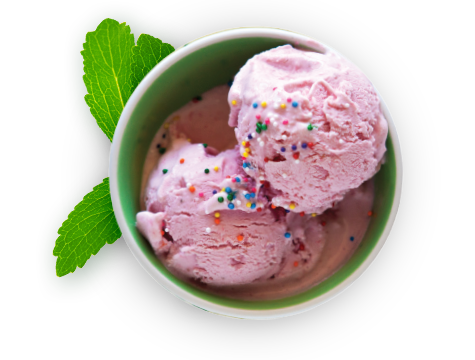 pink icecream in a bowl covered in rainbow sprinkles with a mint sprig