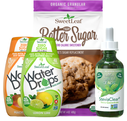 product shot of sweetleaf products that use alternative sweeteners for sugar, water flavor drops, and stevia concentrate