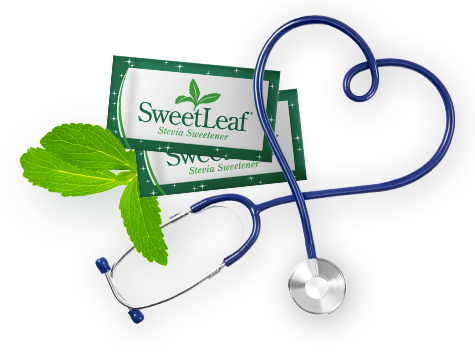 packets of sweetleaf stevia sweetener with a stethoscope and a sprig of mint