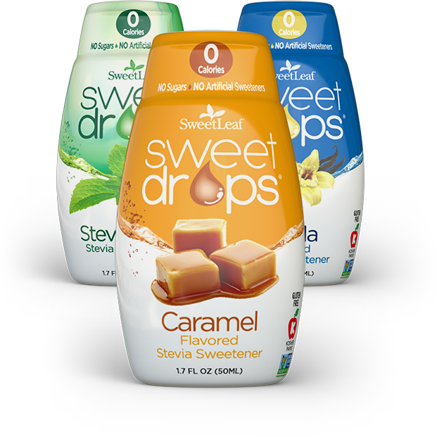three different flavors of the sweetleaf stevia sweet drops in caramel, vanilla creme, and classic